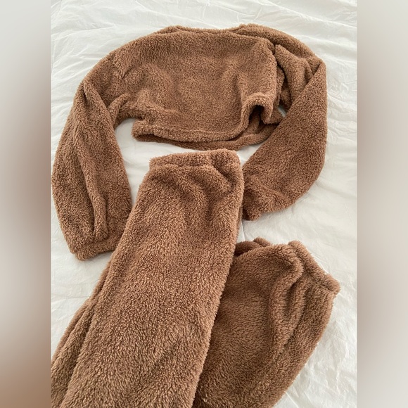 Pants - Tan brown teddy fleece crop top and sweatpants set